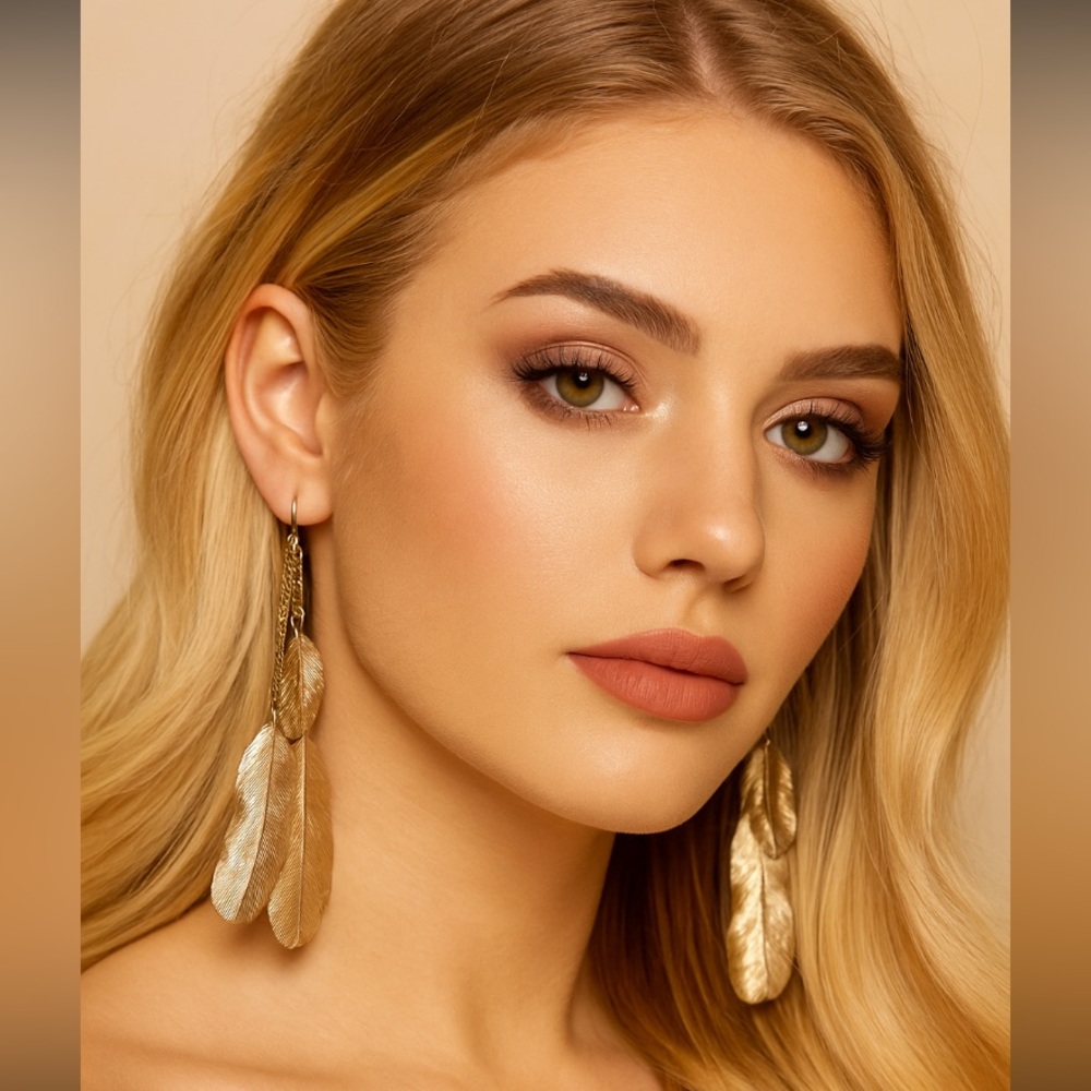 Vintage Gold-Tone Boho Festival Dangle Feather Earrings Mod Stunning